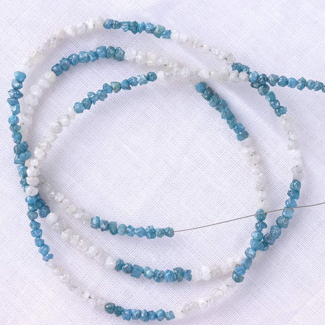 Natural White And Blue Diamond Uncut Raw Beads, 2-3 MM Diamond Necklace, 16-Inch Strand